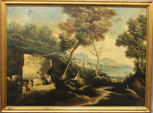 Paesaggio con figure, olio su tela, cm 70 x 100.