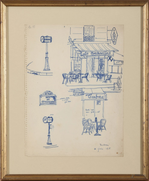 Scorcio di Parigi, XX secolo, inchiostro su carta, cm 32x24, firmato in basso a destra, entro cornice, (segni di usura, tracce di umidità, segni di piegatura)