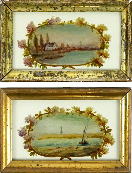 Coppia di paesaggi, olio sottovetro, cm 6,5x12, XX secolo, entro cornici