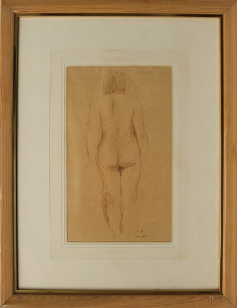 Orfeo Tamburi - Nudo, disegno su carta, cm 28x17, entro cornice.