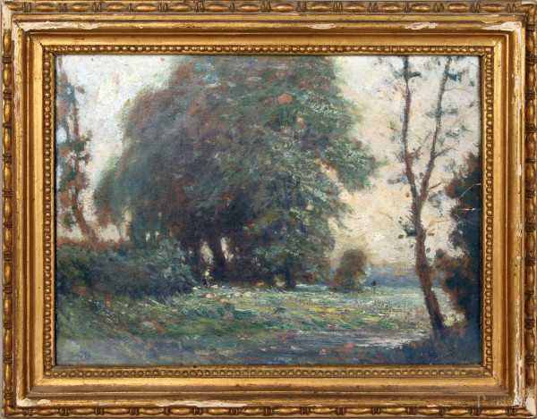 Leon Giuseppe Buono - Paesaggio, olio su cartone, cm. 18x26, entro cornice.