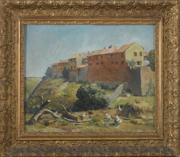 Scorcio con case, XX secolo, olio su tela applicata su compensato, cm 42,5x51, entro cornice, (lievi segni di usura, abrasioni, difetti)