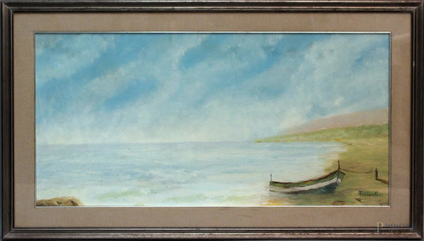 Scorcio marino con barca olio su tela, cm  97x48, XX sec, firmato G.Ferino, entro cornice