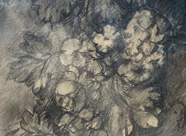 Coppia di nature morte, disegni a carboncino su carta, cm 111,5x73,5, XX secolo, entro cornici, (...