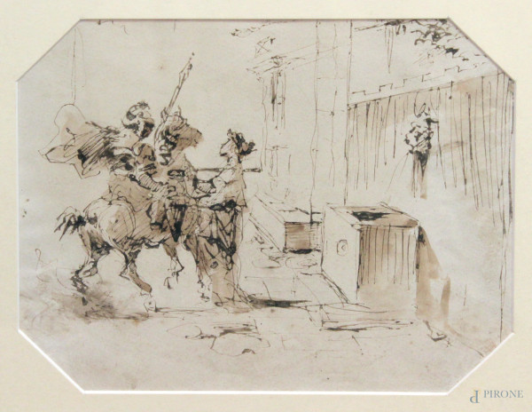 Artista del XVIII sec., Cavaliere con dama, disegno ad inchiostro su carta, cm 23x18, entro cornice.