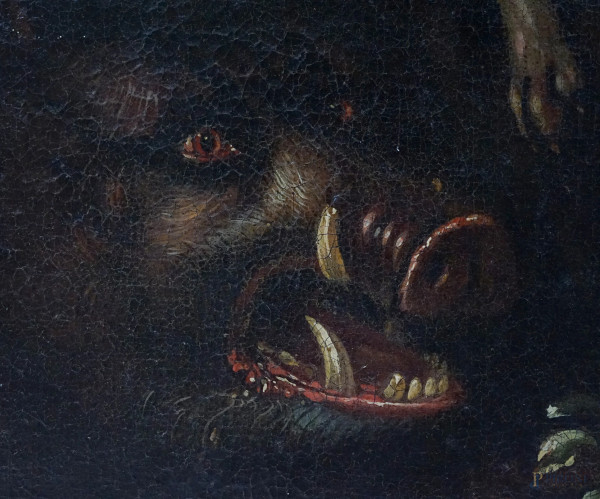 Pittore del XVII secolo, Caccia al cinghiale, olio su tela, cm 89x118