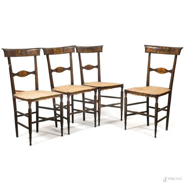 Lotto di 4 sedie  in legno laccato e decorato a mano con scene mitologiche, sedute in vimini, XIX secolo, cm 58x47x39, (difetti) 