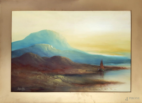 Raffaele Nobile (XX sec.) Paesaggio lacustre con barca e monti, antico dipinto ad olio su cartone, cm 45x31, firmato