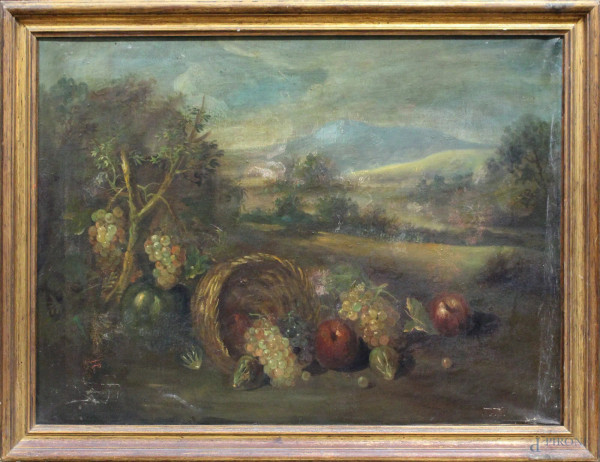 Natura morta con paesaggio sullo sfondo, olio su tela, cm, 75x59 del XIX sec, entro cornice, (difetti).