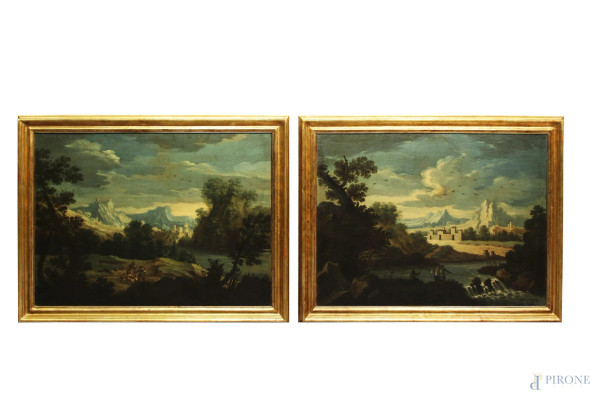 Coppia di paesaggi con fiume e figure su sfondo con montagne, dipinti ad olio su tela, XVIII sec., cm 75 x 100, entro cornici.