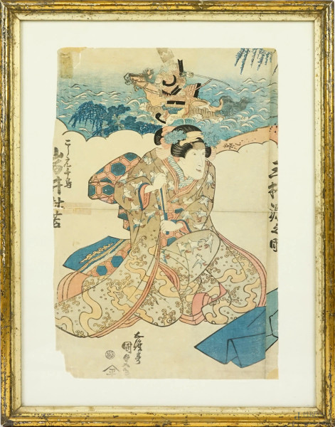 Utagawa  Kunisada - L'attore Iwai Shiaku nei panni di una gheisha, multiplo a colori con iscrizioni e timbri, cm 35x24, Giappone,  entro cornice, (difetti).