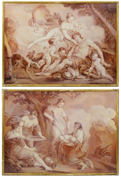 Coppia di dipinti raffiguranti Venere e Adone ed Il Ritrovamento di Mosè, olio su tela a grisailles, cm 144x103,5, XIX secolo, entro cornici.