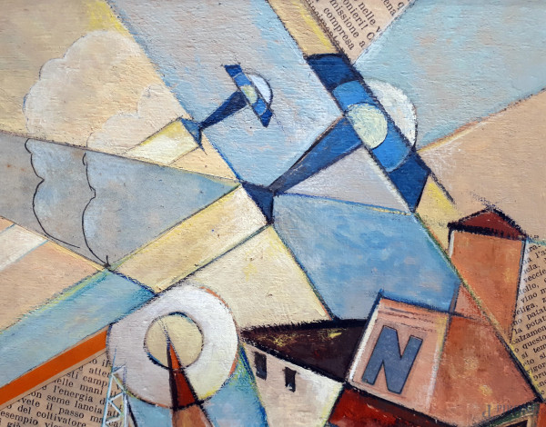 Ugo Scotto (XX sec.)Aeropittura, tecnica mista su tavola, cm 28x21, firmato in basso a destra, co...