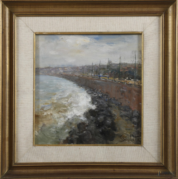 Gaetano Bocchetti (1888-1990) , Burrasca in via Caracciolo, olio su compensato, cm 29x29, firmato in basso a destra, entro cornice, (piccole cadute di colore)