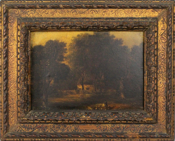 Paesaggio con casolare e figura, olio su cartone, cm. 21x29, XIX secolo, entro cornice.