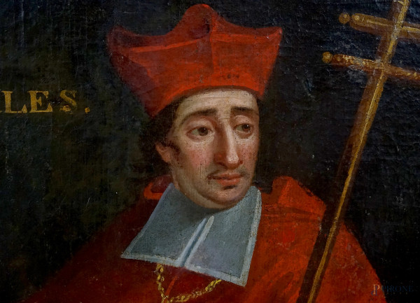 San Carlo Borromeo, XVIII secolo, olio su tela riportata su cartone pressato, cm 113x57, entro co...