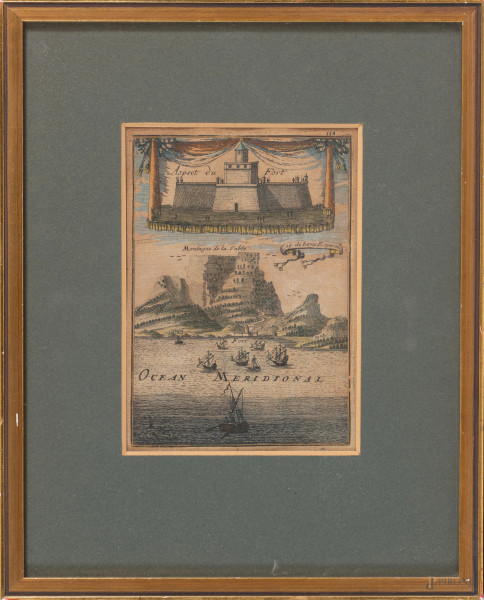 Stampa ritoccata raffigurante Oceano Meridionale, XVIII-XIX secolo, cm 25,5x20 compreso passepartout, entro cornice, (bruniture, ondulazioni della carta)