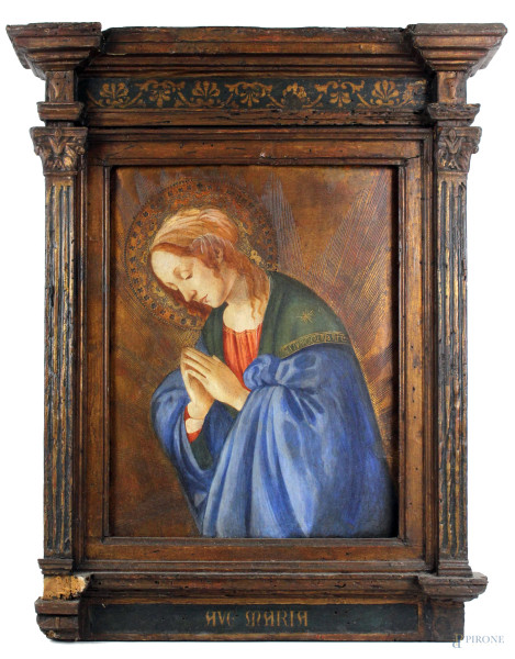 Antico dipinto raffigurante la Vergine, olio su tavola, cm 39x30, entro cornice.