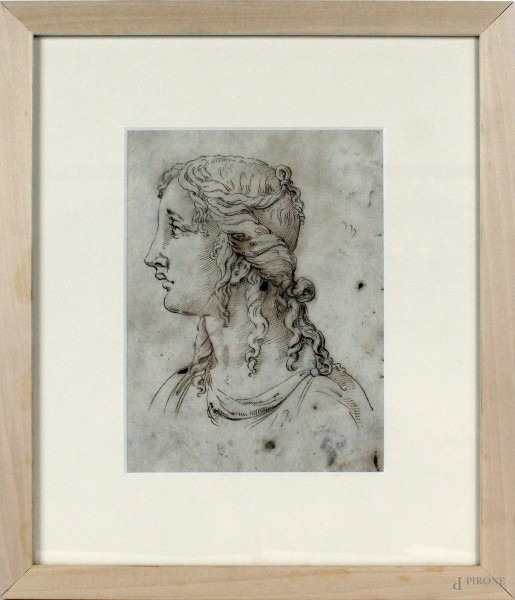 Ritratto femminile, china su carta, cm 20,5x15, XVIII secolo, entro cornice