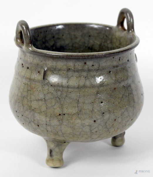 Scaldavivande a tripode in ceramica Celadon, altezza cm.14,5, XX secolo