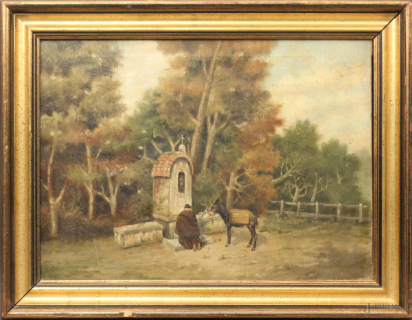 Paesaggio con frate in preghiera, olio su tela cm 38x52, primi'900, entro cornice.