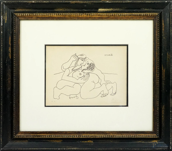 Pablo Picasso - Amanti, incisione, cm 19x26 circa, esemplare E.A., 1968, entro cornice.