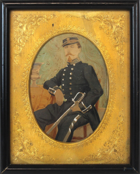 Ritratto d'ufficiale, tempera su carta, cm 9,5x7, XIX secolo, entro cornice.