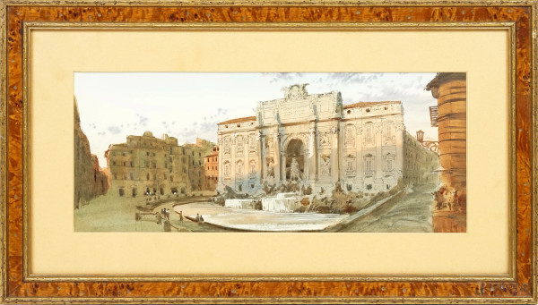 Fontana di Trevi, acquarello su carta, cm 25x50, XX secolo, entro cornice.