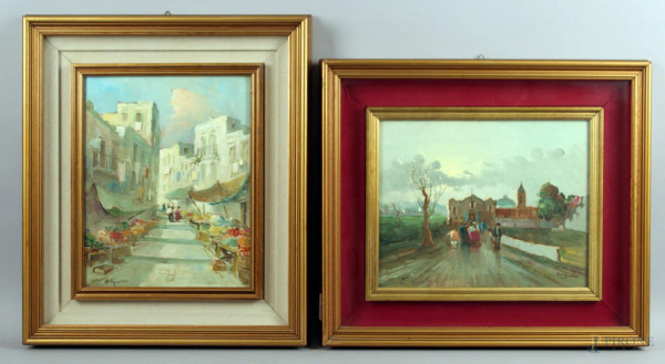 Lotto composto da due dipinti raffiguranti paesaggio e mercato, olio su masonite, cm. 25x30, firmati entro cornici.