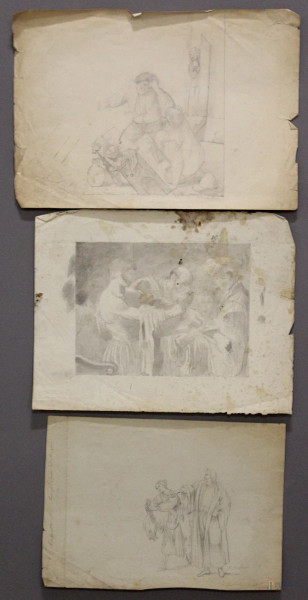 Lotto di tre disegni su carta raffiguranti figure, 35x25 - 28x40 - 29x38 cm, XIX sec