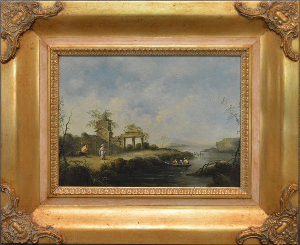 Paesaggio fluviale, antico dipinto ad olio su tela 40x30 cm, entro cornice.