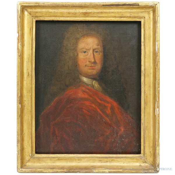 Pittore francese del XVIII secolo, Ritratto di gentiluomo con drappo rosso, olio su tela, cm 74,5x58, entro cornice