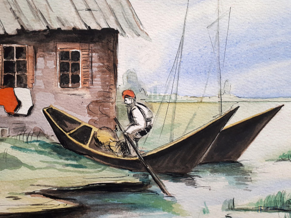 Cascina sul lago, acquarello su carta degli anni 50, cm 35x49, firmato e datato