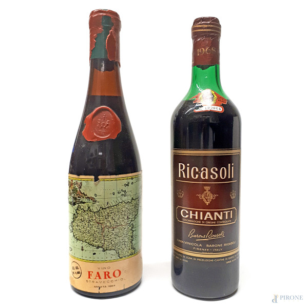 Lotto composto da due bottiglie di vino da collezione: Chianti Barone Ricasoli vendemmia 1968, bottiglia n. 100066 e Vino Faro Stravecchio, vendemmia 1964, imbottigliato in sole 13.185 bottiglie, questa è la bottiglia n. 8.155, copritappo e timbro in cera