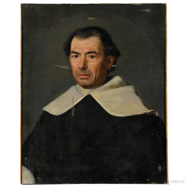Ritratto di ecclesiastico, olio su tela, cm 64x51, XIX secolo, firmato a sinistra "Minutolo Capece", (taglio verticale e piccole cadute di colore)