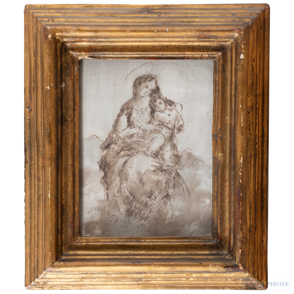 Madonna con Bambino, XIX secolo, disegno a tecnica mista su carta, cm 25x20, entro cornice, (segni di usura, increspature e ondulazioni, tracce di umidità)