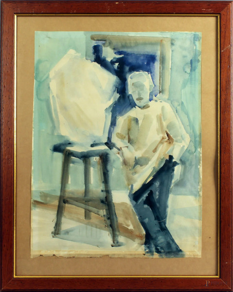 Theodor Heynes, figura, acquarello su carta, cm. 52,5x39,5.