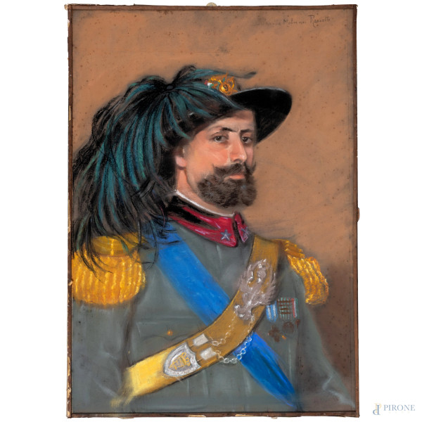 Ritratto d'uomo in uniforme, XX secolo, pastelli grassi su carta, cm 60x50, firmato in alto a destra, entro cornice, (segni di umidità, usura, abrasioni)