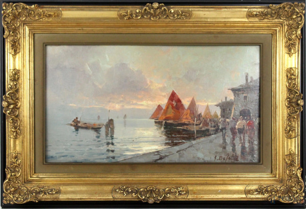 Gennaro De Felice - Banchina con figure ed imbarcazioni, olio su cartone telato, cm 25x45, entro cornice