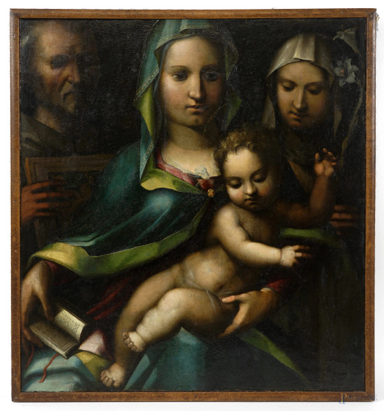 Scuola senese del XVI secolo, Madonna con il Bambino tra San Bernardino da Siena e Santa Caterina da Siena, olio su tavola, cm 55x51,5