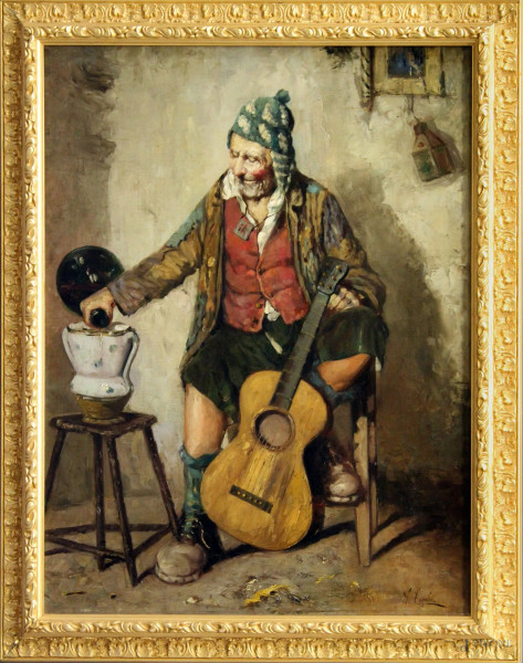 Vincenzo Caprile - Bevitore con chitarra, olio su tela, cm 75 x 57, entro cornice.
