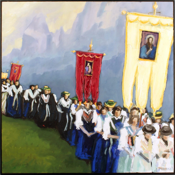 La processione, olio su tela 66x66 cm, firmato.