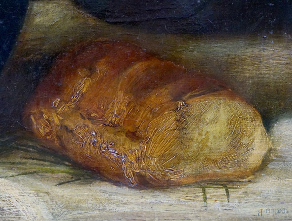 Pittore del XIX-XX secolo, Natura morta con Fritillaria Imperialis, fiori, pane e brocca, olio su...