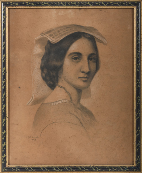 Ritratto di donna, XIX secolo, grafite su carta, cm 48x39 entro cornice, firmato e datato in basso a destra(difetti)