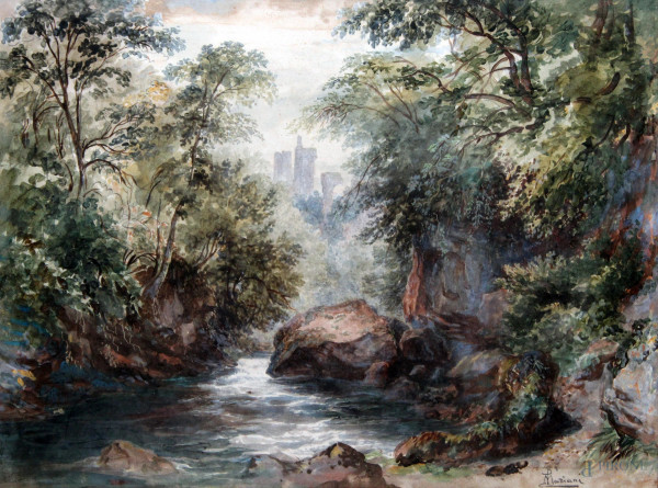 Paesaggio boschivo con fiume e rovine, acquarello su carta, cm 35x46, entro cornice firmato.