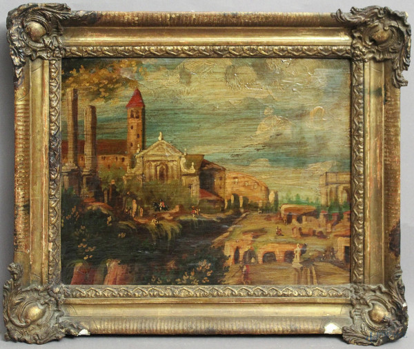 Veduta dei Fori Imperiali, dipinto ad olio su tavola, inizi XX sec., cm 30 x 37, entro cornice.