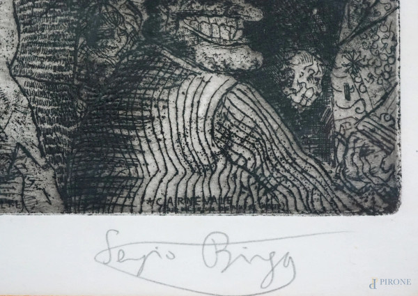 Carnevale, multiplo su carta, cm 27x36,5 circa, entro cornice.