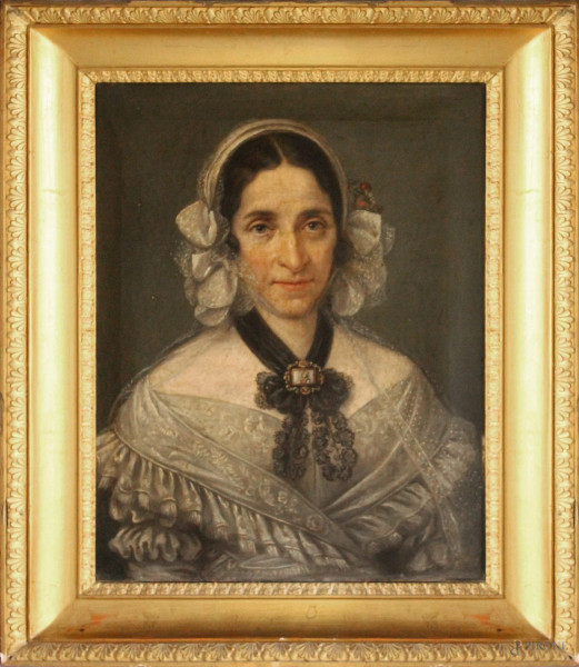 Ritratto di donna, olio su tela, XIX sec., cm 55 x 47, entro cornice.