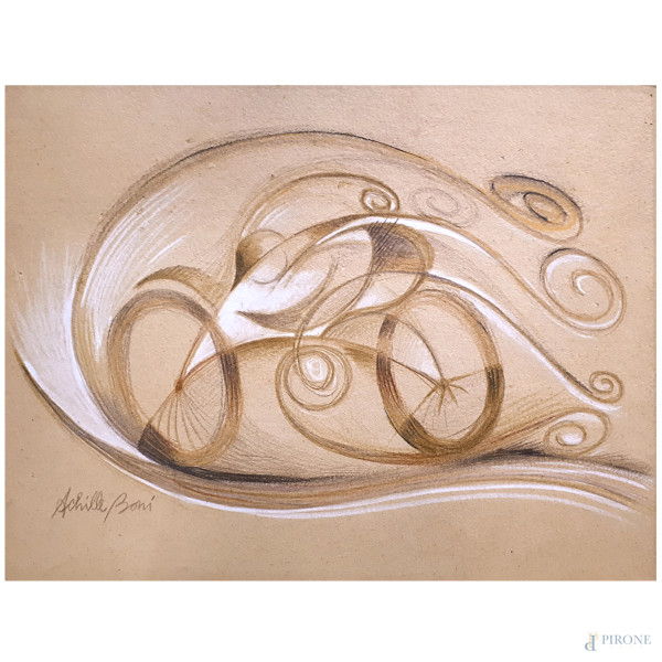 Achille Boni (XX sec.) Velociclo futurista, tecnica mista su cartone, cm 23x30, firmato, con cornice