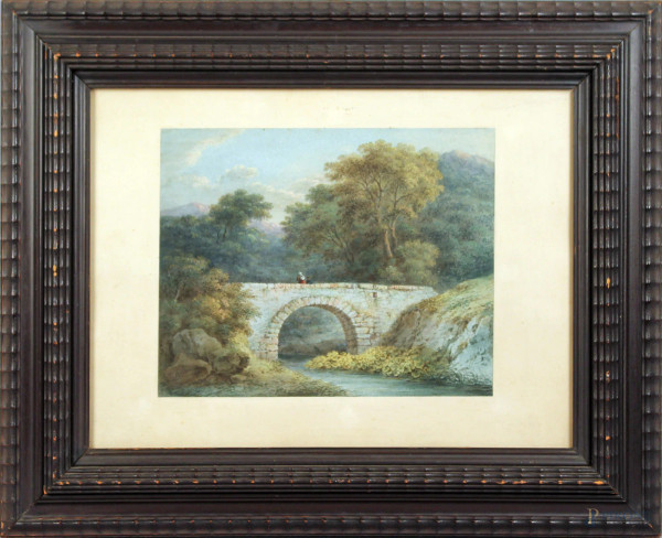 Paesaggio con ponte e figure, acquarello su carta, cm. 28x34, firmato entro cornice.